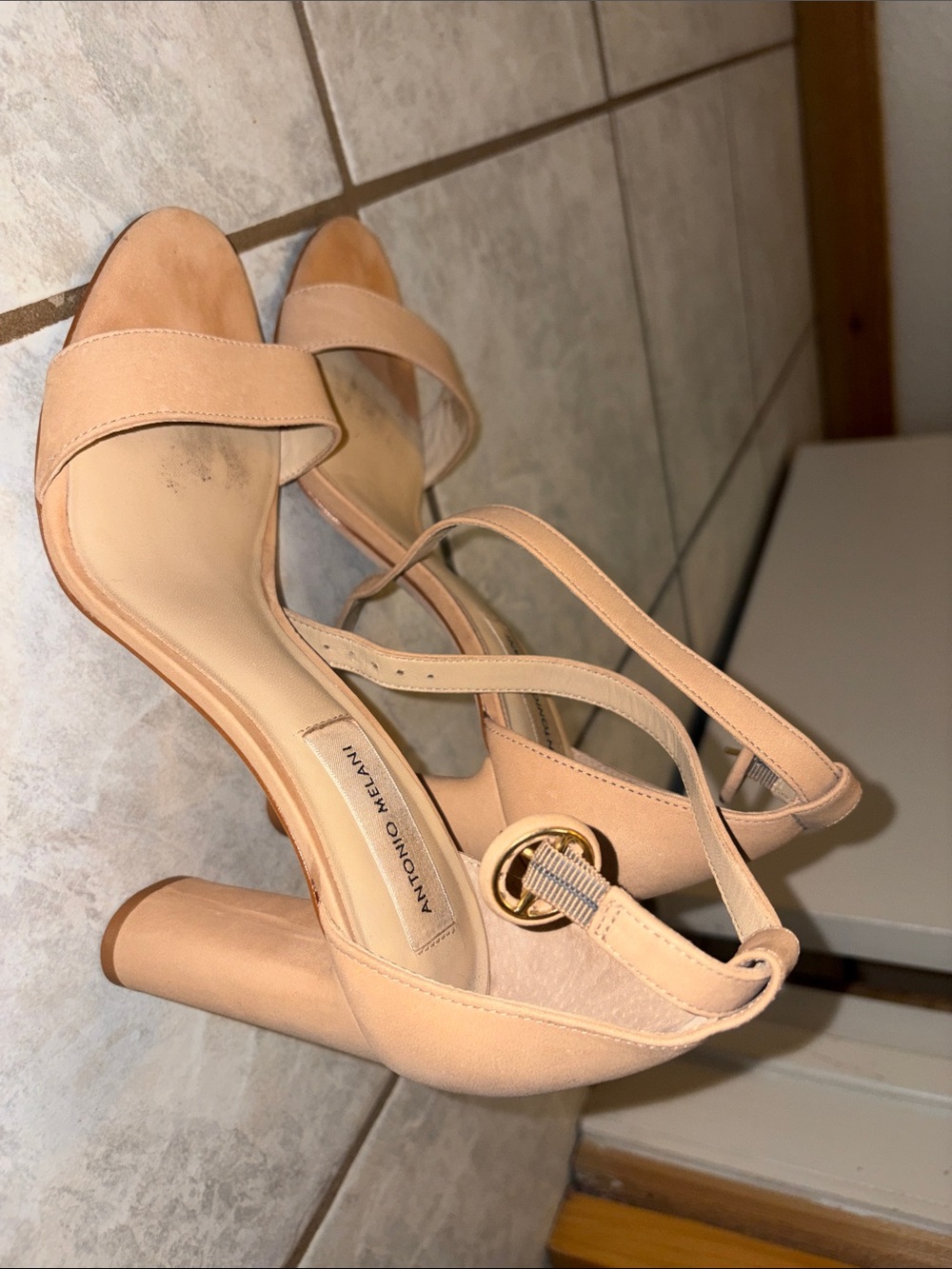 ANTONIO MELANI Blush Nude Open-Toe Ankle Strap Block Heels - Picture 4 of 6